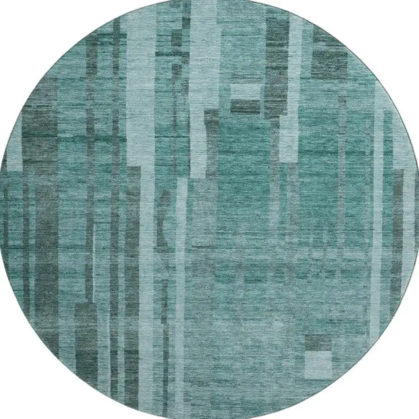 8' Teal And Aqua Striped Washable Round Rug With UV Protection Photo 2