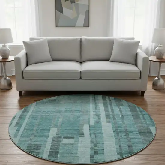 8' Teal And Aqua Striped Washable Round Rug With UV Protection Photo 2