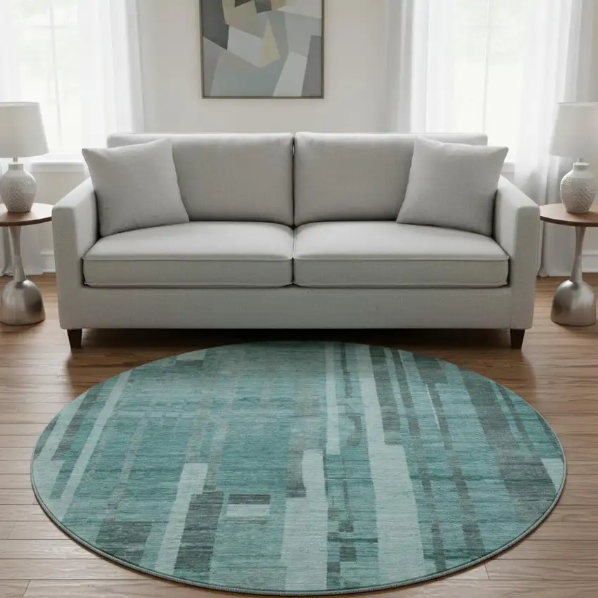 8' Teal And Aqua Striped Washable Round Rug With UV Protection Photo 2