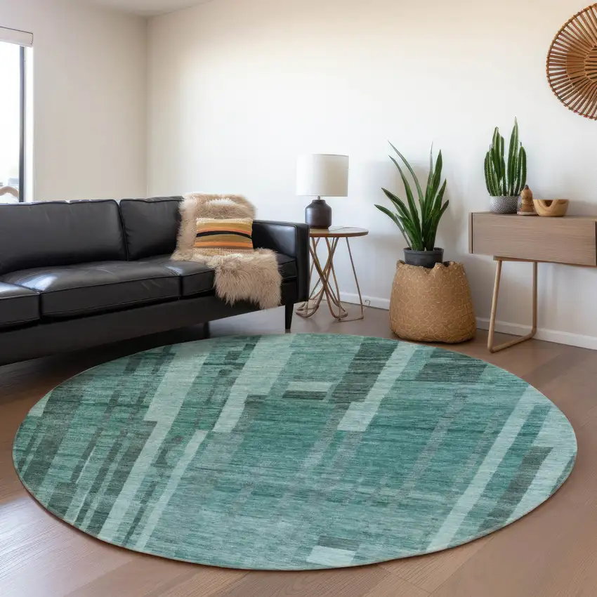 8' Teal And Aqua Striped Washable Round Rug With UV Protection Photo 4
