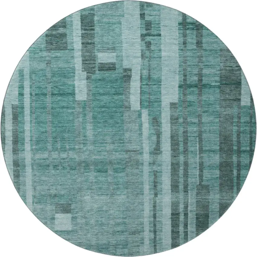 8' Teal And Aqua Striped Washable Round Rug With UV Protection Photo 3