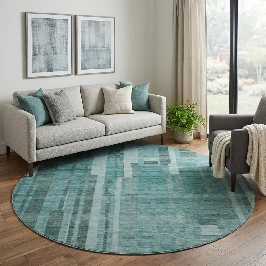 8' Teal And Aqua Striped Washable Round Rug With UV Protection Photo 1