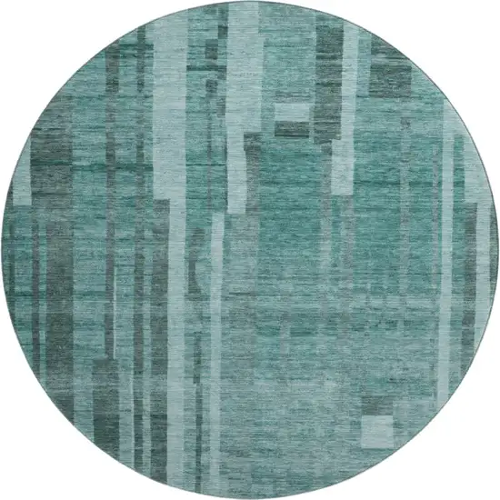 8' Teal And Aqua Striped Washable Round Rug With UV Protection Photo 1
