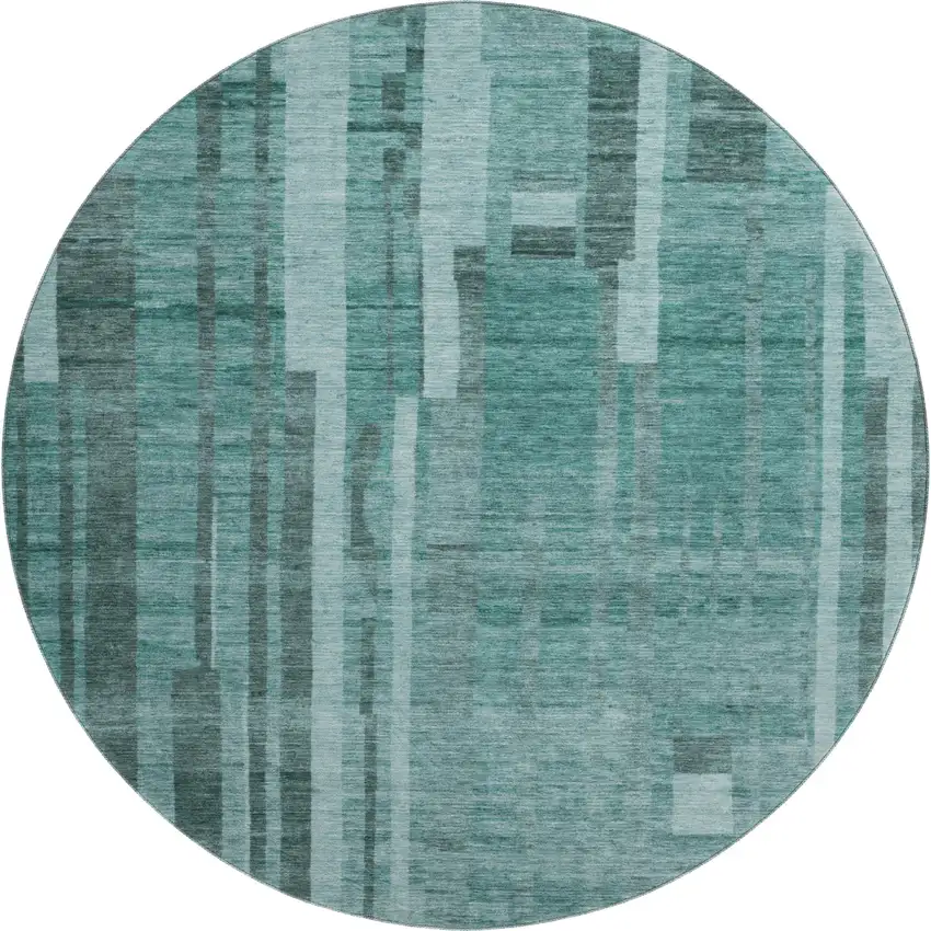8' Teal And Aqua Striped Washable Round Rug With UV Protection Photo 1