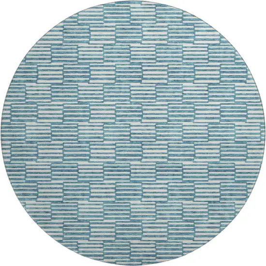 8' Teal And Beige Abstract Geometric Washable Round Rug With UV Protection Photo 1