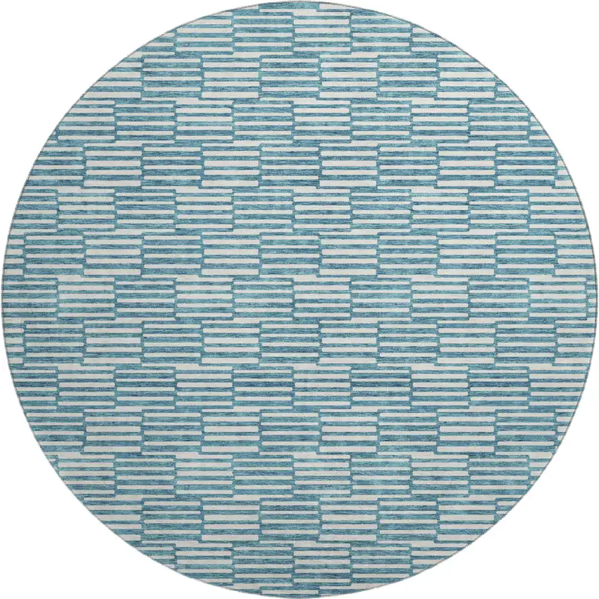 8' Teal And Beige Abstract Geometric Washable Round Rug With UV Protection Photo 1