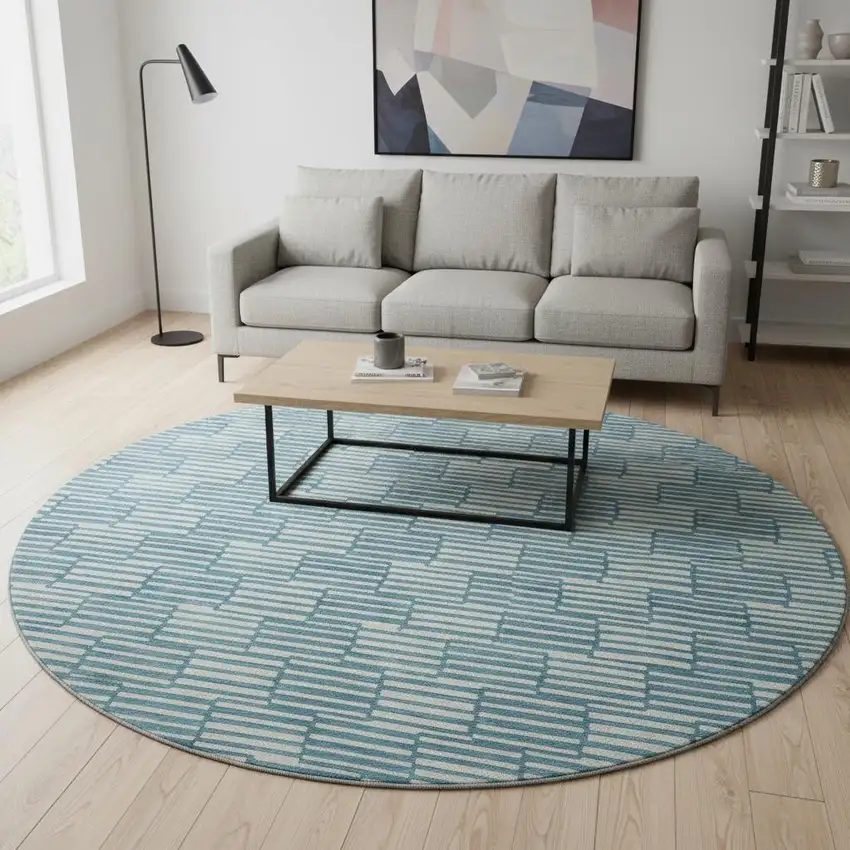 8' Teal And Beige Abstract Geometric Washable Round Rug With UV Protection Photo 2