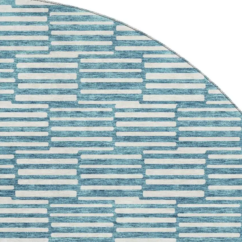 8' Teal And Beige Abstract Geometric Washable Round Rug With UV Protection Photo 3