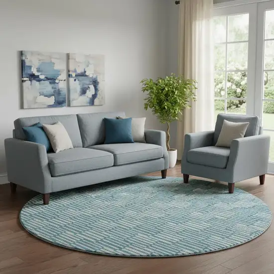 8' Teal And Beige Abstract Geometric Washable Round Rug With UV Protection Photo 1