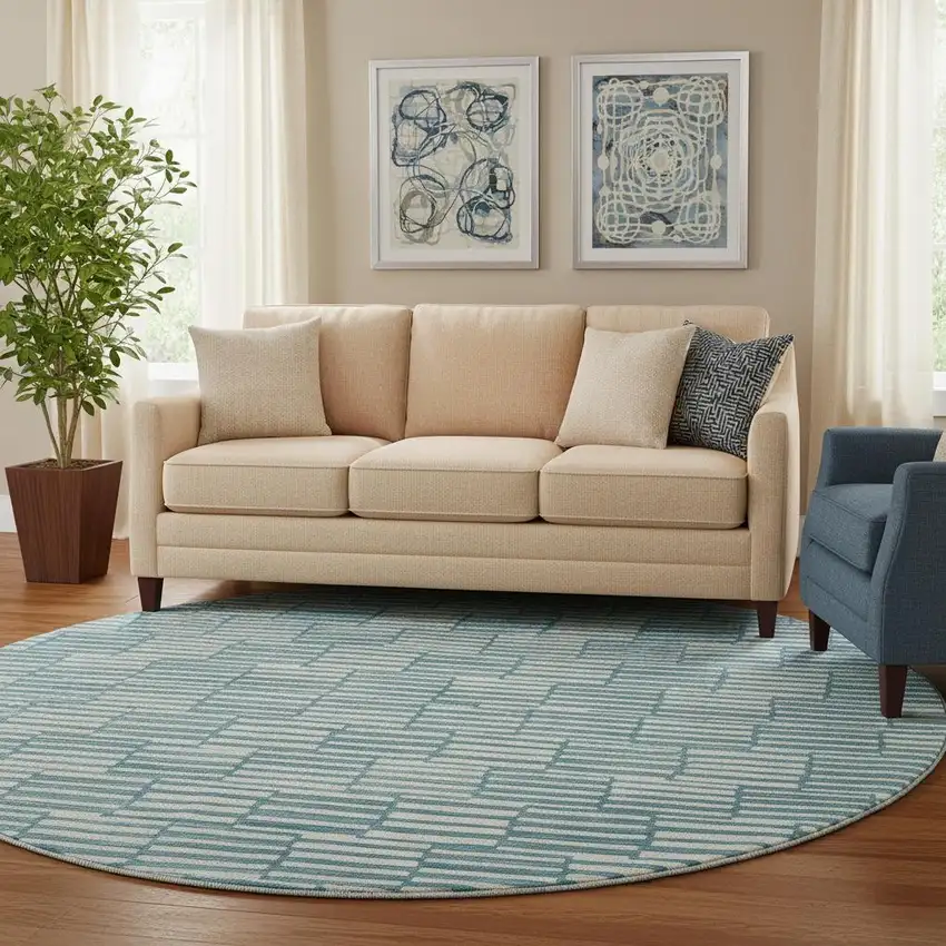 8' Teal And Beige Abstract Geometric Washable Round Rug With UV Protection Photo 1