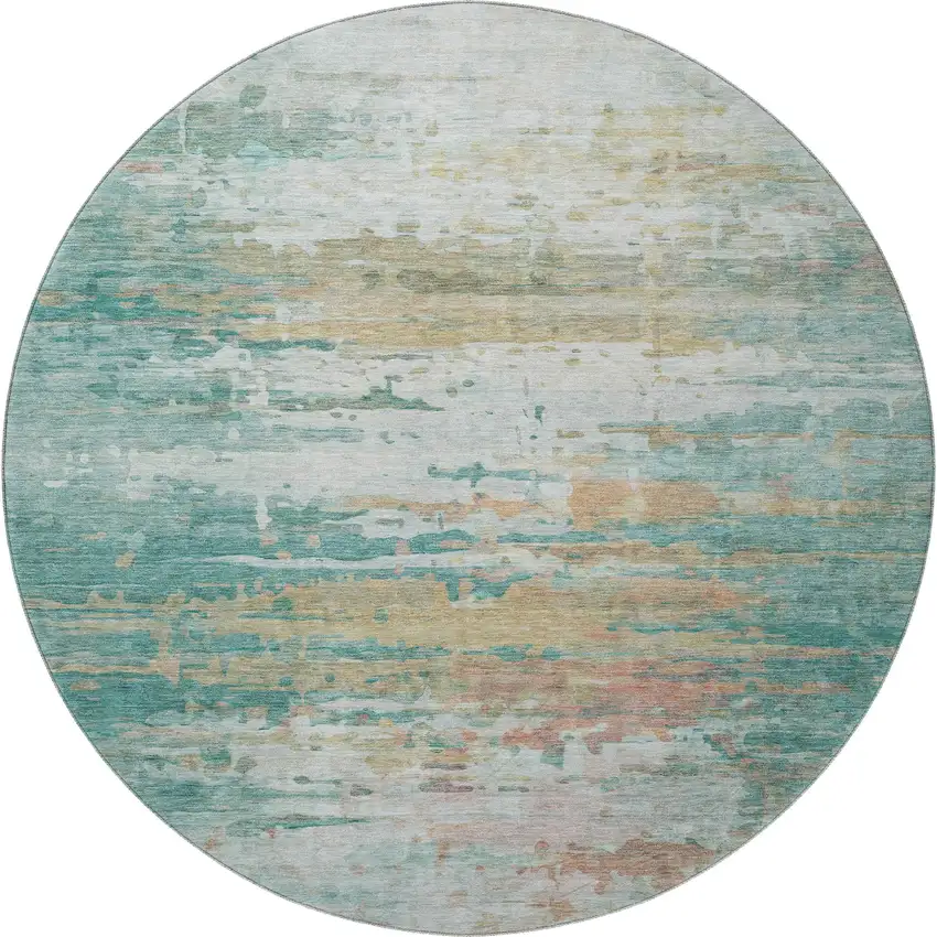 8' Teal And Beige Abstract Washable Round Rug With UV Protection Photo 4