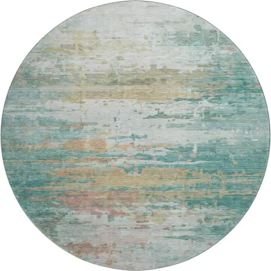 8' Teal And Beige Abstract Washable Round Rug With UV Protection Photo 1