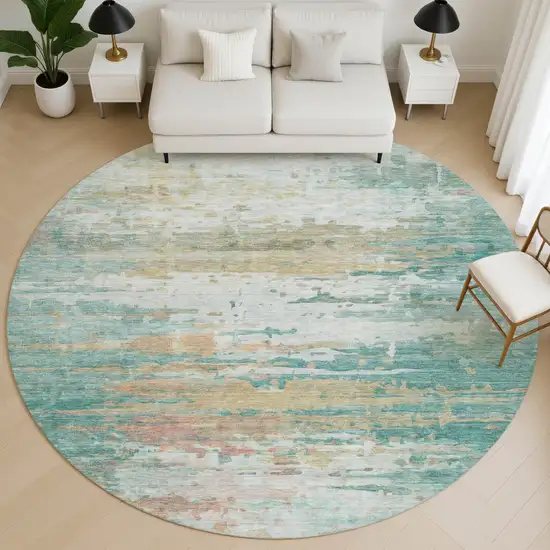 8' Teal And Beige Abstract Washable Round Rug With UV Protection Photo 5