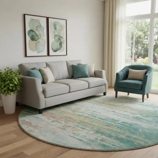 8' Teal And Beige Abstract Washable Round Rug With UV Protection Photo 1