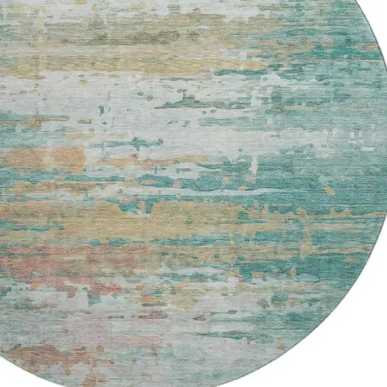 8' Teal And Beige Abstract Washable Round Rug With UV Protection Photo 3