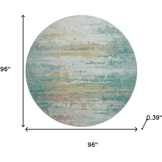 8' Teal And Beige Abstract Washable Round Rug With UV Protection Photo 8