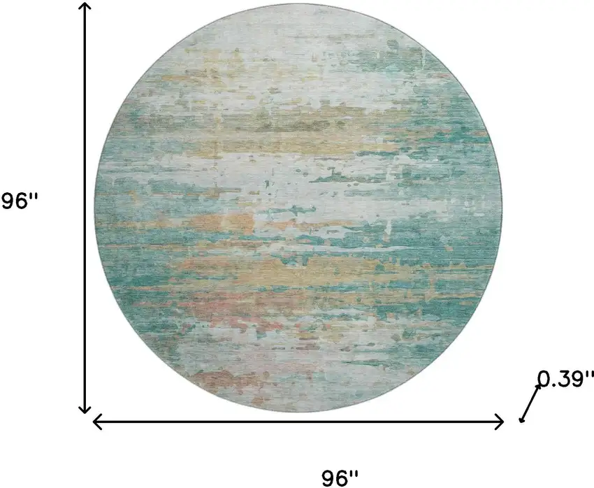 8' Teal And Beige Abstract Washable Round Rug With UV Protection Photo 8