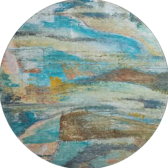 8' Teal And Beige Abstract Washable Round Rug With UV Protection Photo 4