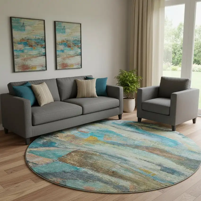 8' Teal And Beige Abstract Washable Round Rug With UV Protection Photo 2