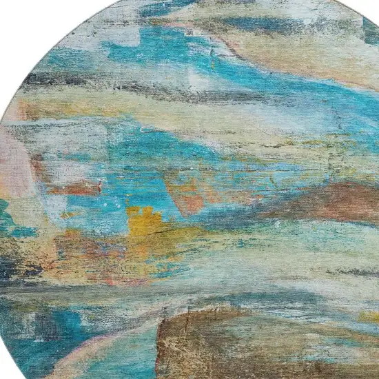 8' Teal And Beige Abstract Washable Round Rug With UV Protection Photo 3
