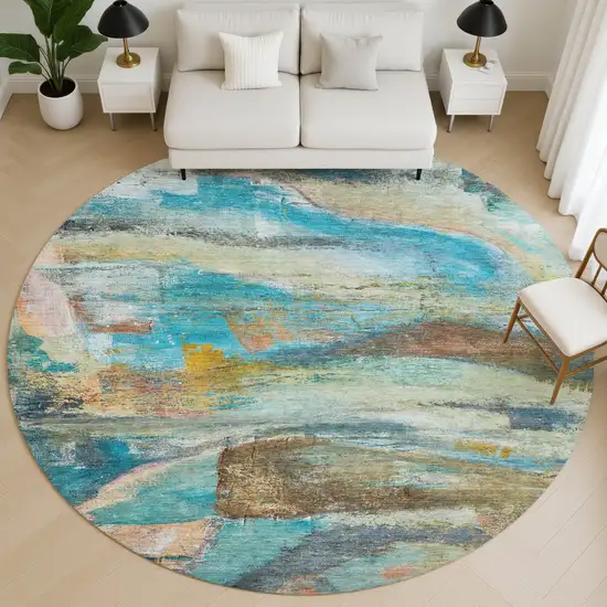 8' Teal And Beige Abstract Washable Round Rug With UV Protection Photo 5