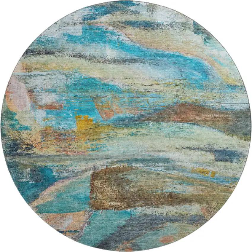8' Teal And Beige Abstract Washable Round Rug With UV Protection Photo 1