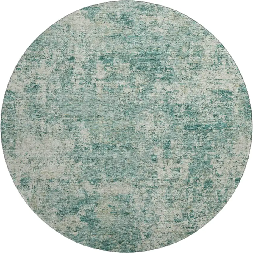 8' Teal And Beige Abstract Washable Round Rug With UV Protection Photo 1