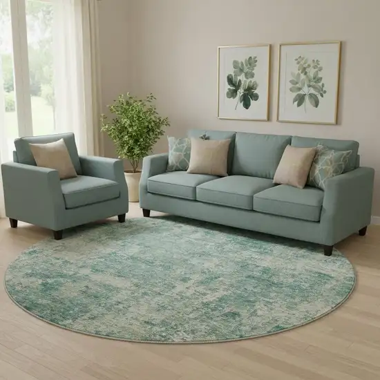 8' Teal And Beige Abstract Washable Round Rug With UV Protection Photo 2