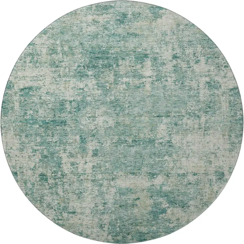 8' Teal And Beige Abstract Washable Round Rug With UV Protection Photo 4