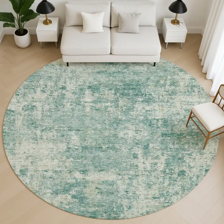 8' Teal And Beige Abstract Washable Round Rug With UV Protection Photo 5
