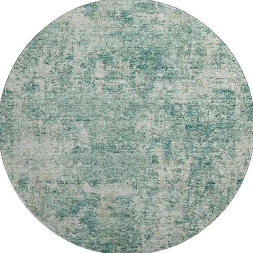 8' Teal And Beige Abstract Washable Round Rug With UV Protection Photo 3