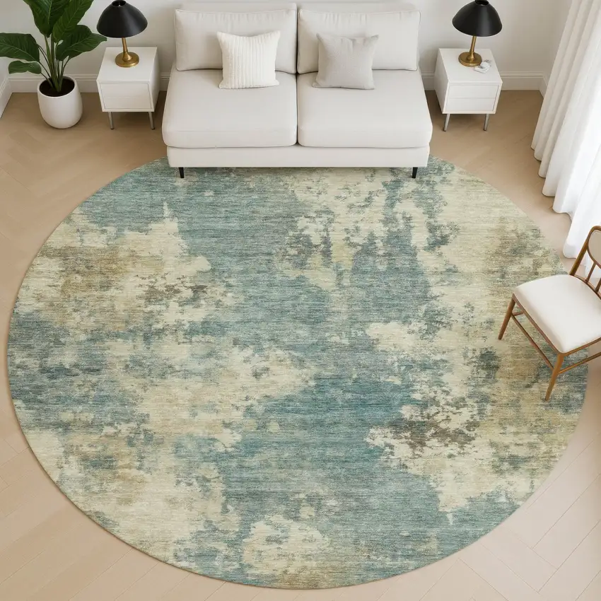 8' Teal And Beige Abstract Washable Round Rug With UV Protection Photo 4