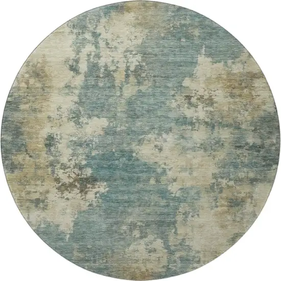 8' Teal And Beige Abstract Washable Round Rug With UV Protection Photo 3