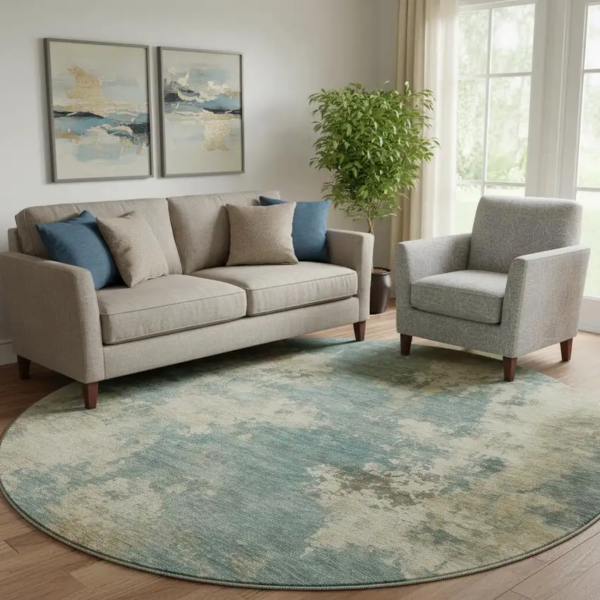 8' Teal And Beige Abstract Washable Round Rug With UV Protection Photo 2