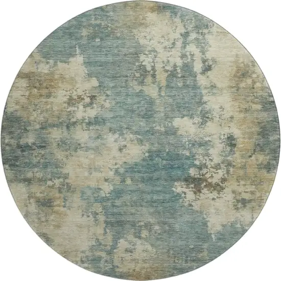 8' Teal And Beige Abstract Washable Round Rug With UV Protection Photo 1
