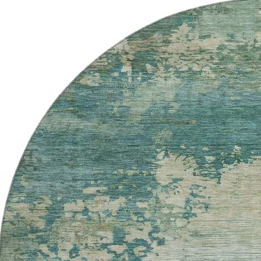 8' Teal And Beige Abstract Washable Round Rug With UV Protection Photo 3