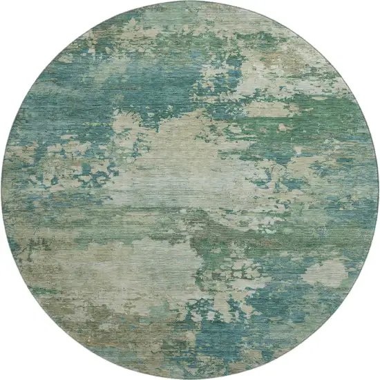 8' Teal And Beige Abstract Washable Round Rug With UV Protection Photo 1