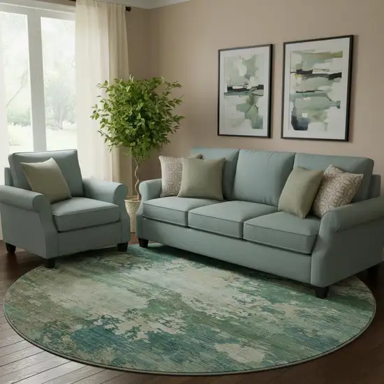 8' Teal And Beige Abstract Washable Round Rug With UV Protection Photo 2