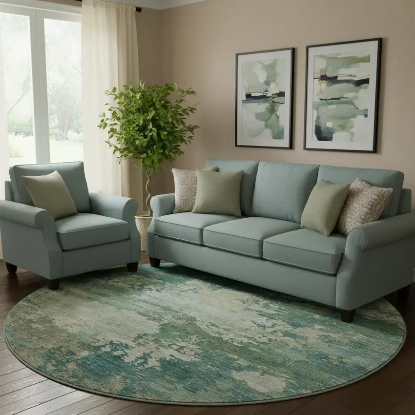 8' Teal And Beige Abstract Washable Round Rug With UV Protection Photo 2