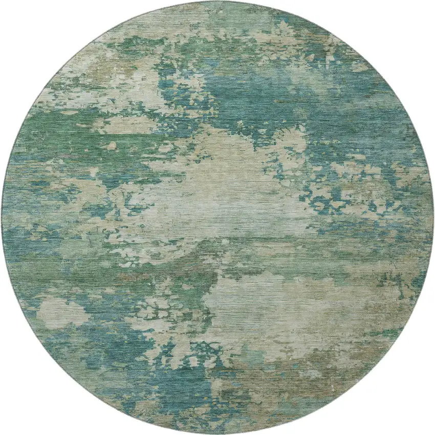 8' Teal And Beige Abstract Washable Round Rug With UV Protection Photo 4