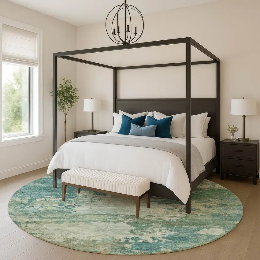 8' Teal And Beige Abstract Washable Round Rug With UV Protection Photo 5