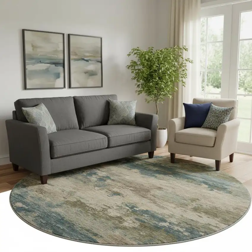 8' Teal And Beige Abstract Washable Round Rug With UV Protection Photo 2