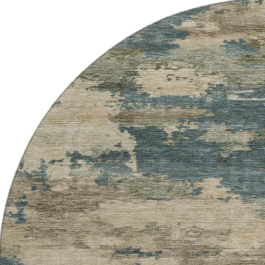 8' Teal And Beige Abstract Washable Round Rug With UV Protection Photo 3