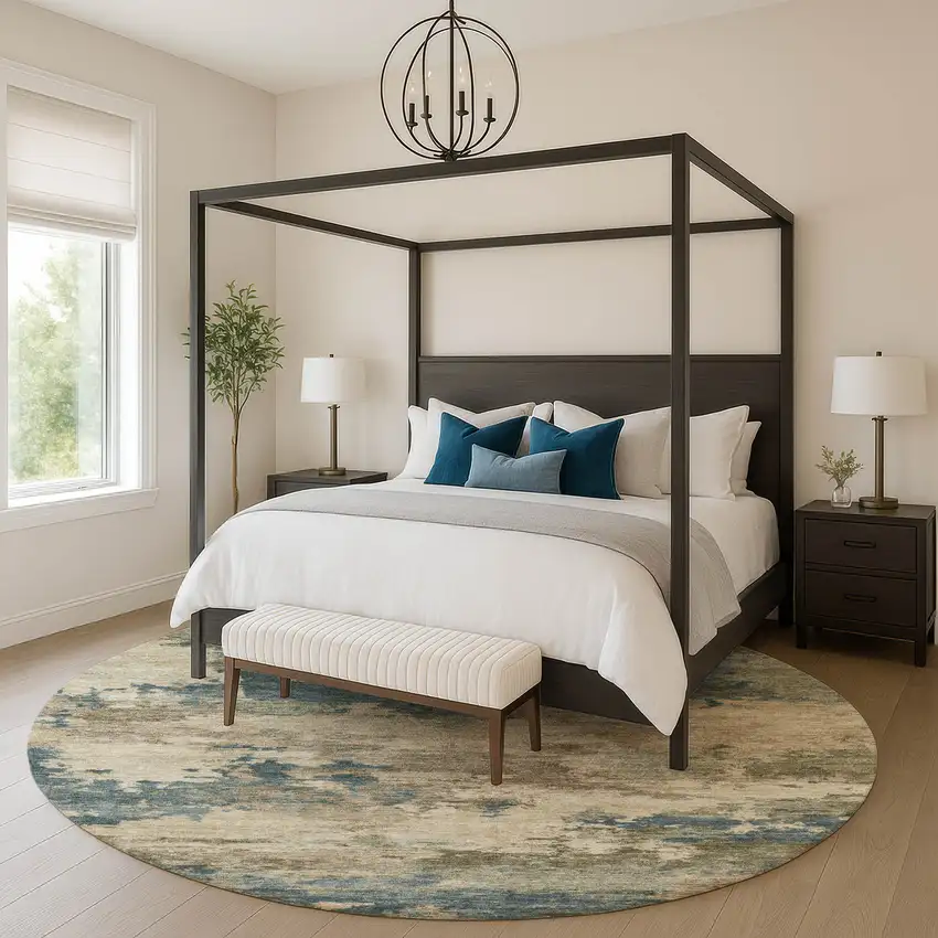 8' Teal And Beige Abstract Washable Round Rug With UV Protection Photo 5