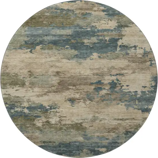 8' Teal And Beige Abstract Washable Round Rug With UV Protection Photo 4