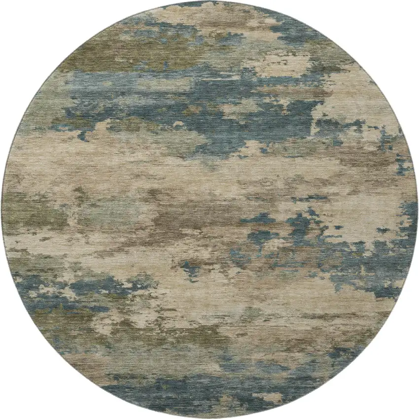 8' Teal And Beige Abstract Washable Round Rug With UV Protection Photo 4