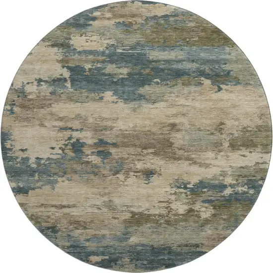 8' Teal And Beige Abstract Washable Round Rug With UV Protection Photo 1