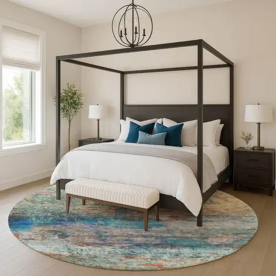 8' Teal And Beige Abstract Washable Round Rug With UV Protection Photo 5