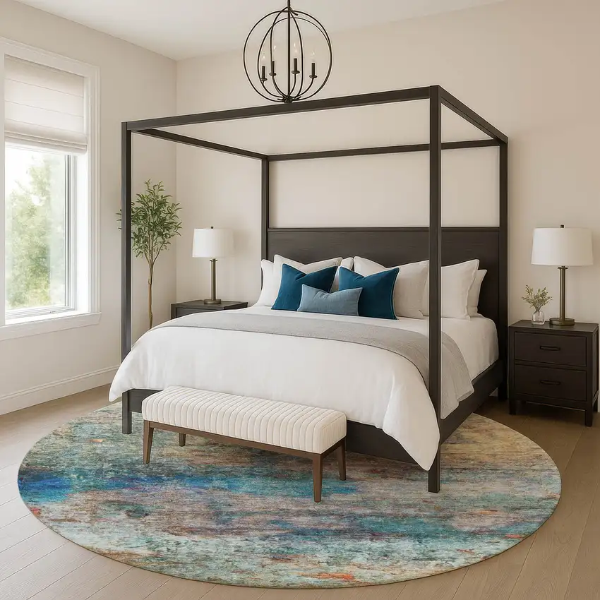 8' Teal And Beige Abstract Washable Round Rug With UV Protection Photo 5