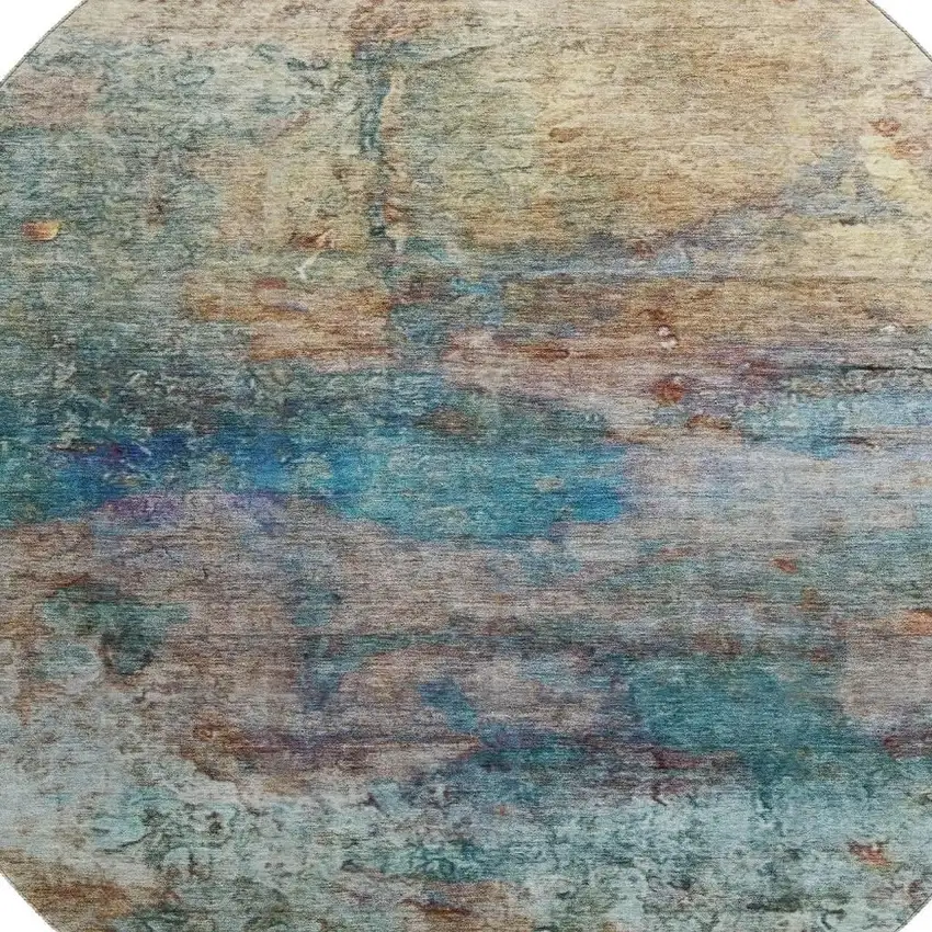8' Teal And Beige Abstract Washable Round Rug With UV Protection Photo 3